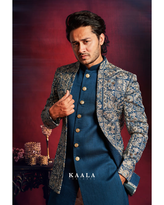 Teal embroidered with sequence open jacket style indowestern for men and groom.